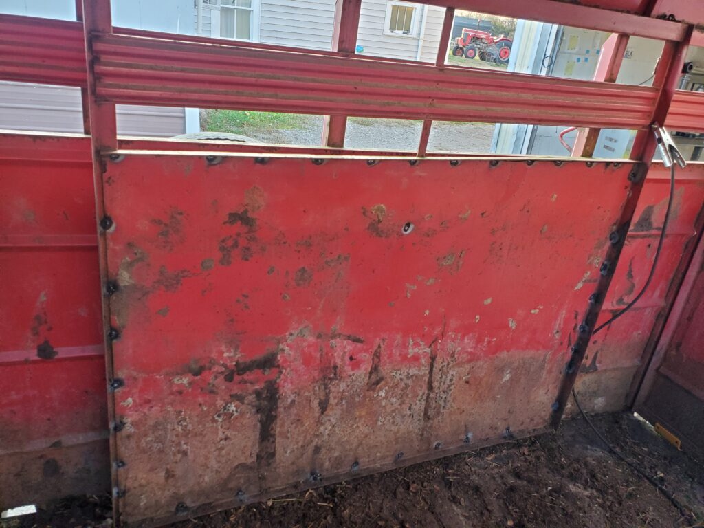 Spot welding sheet metal on cattle trailer cutting gate